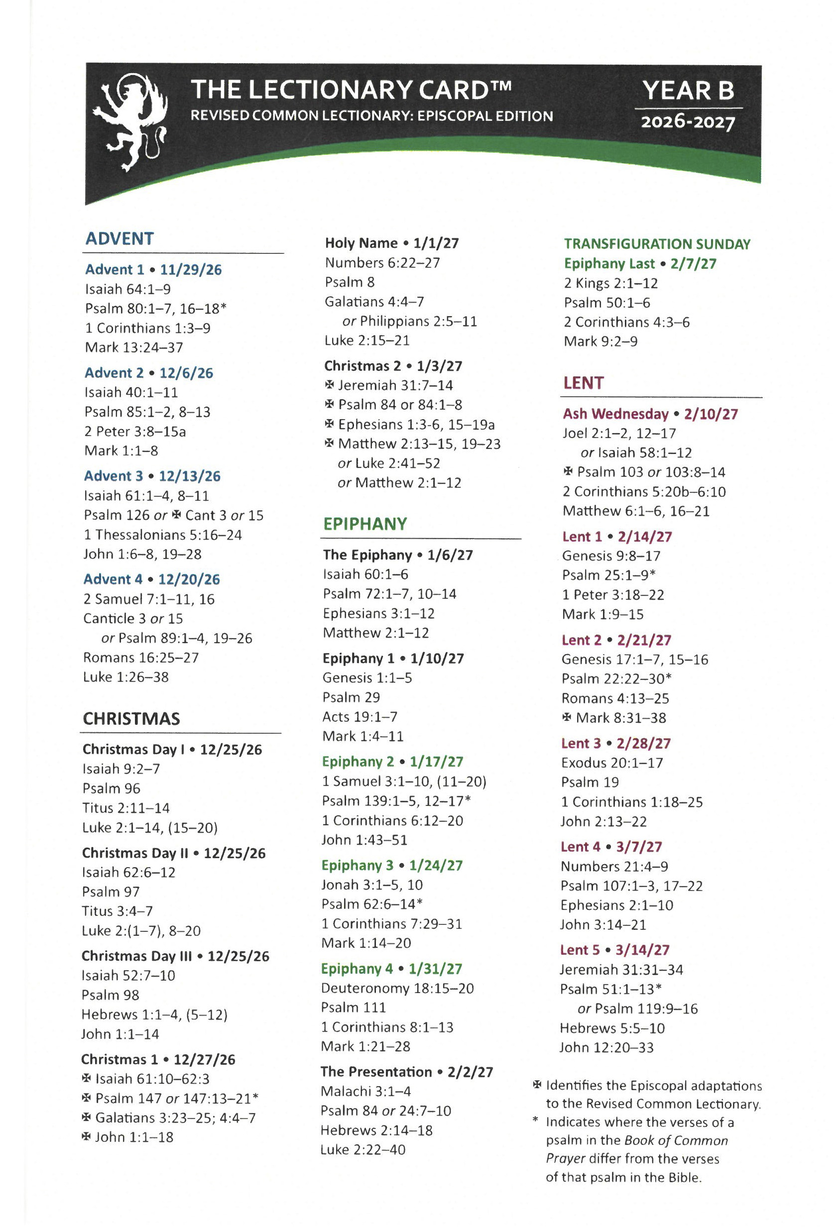 THE LECTIONARY CARD, YEAR B